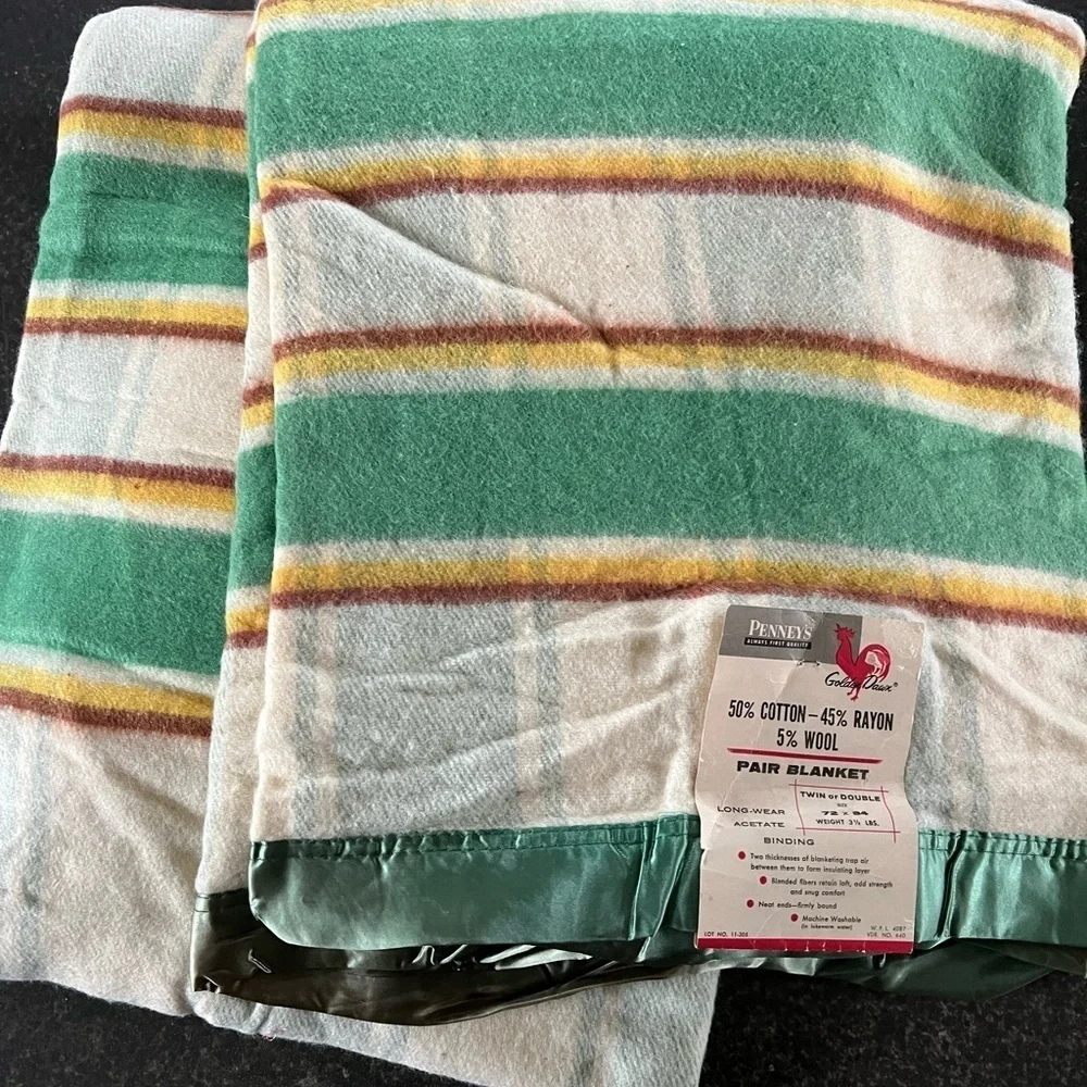 Vintage NWT JC Penney Green Stripe Wool Satin Trim Blanket 72”x84” 1950's Golden